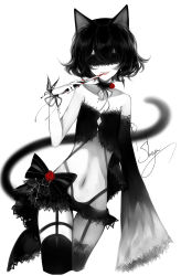Rule 34 | 1girl, :d, absurdres, animal ears, artist name, bare arms, bare shoulders, black bow, black hair, black thighhighs, blindfold, blood, bloody weapon, bow, bug, butterfly, cat ears, cat tail, child, cowboy shot, detached sleeves, facing viewer, fangs, flower, garter straps, goth fashion, gothic, gothic lolita, hand up, highres, holding, holding knife, holding weapon, insect, knife, limited palette, lolita fashion, long sleeves, midriff, navel, open mouth, original, red flower, red rose, rose, sheya, signature, smile, solo, spot color, standing, stomach, strapless, tail, thighhighs, thighs, tube top, weapon, wide sleeves