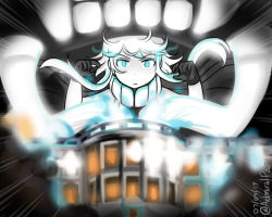 Rule 34 | &gt;:&lt;, 1girl, :&lt;, abyssal ship, admiral paru, black gloves, blue eyes, blurry, building, cape, closed mouth, colored skin, depth of field, gloves, glowing, glowing eyes, headgear, independence day, kantai collection, parody, solo, v-shaped eyebrows, white hair, white house, white skin, wo-class aircraft carrier