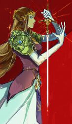 Rule 34 | 1girl, absurdres, armor, avenoirn, blue eyes, brown hair, commentary, cowboy shot, earrings, english commentary, gloves, highres, holding, holding sword, holding weapon, jewelry, long hair, looking at viewer, looking down, nintendo, pointy ears, princess zelda, profile, red background, sidelocks, solo, sword, the legend of zelda, the legend of zelda: twilight princess, weapon, white gloves