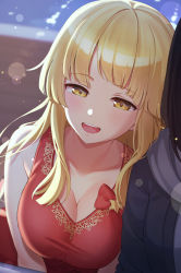 Rule 34 | 2girls, :d, backlighting, bang dream!, bare arms, bare shoulders, black hair, black jacket, blonde hair, blunt bangs, blunt ends, bow, breasts, cleavage, collarbone, commentary request, commission, dress, dress bow, floral print, half-closed eyes, highres, hood, hood down, hukahito, jacket, large breasts, leaning on person, leaning to the side, light blush, long hair, looking away, multiple girls, okusawa misaki, open clothes, open jacket, open mouth, outdoors, print dress, red bow, red dress, side-by-side, sidelocks, skeb commission, sleeveless, sleeveless dress, smile, solo focus, star (symbol), teeth, tsurumaki kokoro, upper body, upper teeth only, yellow eyes