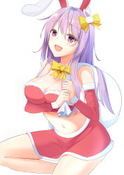 Rule 34 | 1girl, :d, absurdres, animal ears, bandeau, bare shoulders, blush, bow, bowtie, breasts, cleavage, commentary, cowboy shot, detached sleeves, diving penguin, fake animal ears, hair between eyes, hair bow, hair ornament, highres, holding, holding sack, large breasts, long hair, long sleeves, looking at viewer, midriff, miniskirt, navel, open mouth, pink eyes, purple hair, rabbit ears, rabbit hair ornament, red skirt, reisen udongein inaba, sack, santa costume, sidelocks, simple background, skirt, skirt set, smile, solo, stomach, strapless, thighs, touhou, tube top, white background, yellow bow, yellow bowtie