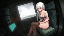 Rule 34 | 1girl, bikini, black bikini, black pantyhose, braid, breasts, chair, cleavage, clothes pull, crossed legs, from side, game cg, helicopter interior, indoors, large breasts, long hair, looking at viewer, monitor, mretsis, original, pantyhose, pantyhose pull, red eyes, side-tie bikini bottom, silver hair, sitting, solo, swimsuit, thighhighs, thighs, vehicle interior, very long hair, window