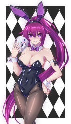 Rule 34 | 1girl, absurdres, animal ears, black bow, black bowtie, black leotard, black pantyhose, bow, bowtie, breasts, checkered background, cleavage, commentary request, commission, cowboy shot, detached collar, fake animal ears, hand on own hip, highres, holding, holding mask, large breasts, leotard, long hair, looking at viewer, mask, original, pantyhose, parted lips, playboy bunny, ponytail, purple eyes, purple hair, rabbit ears, rabbit girl, ribimura, smile, solo, strapless, strapless leotard, very long hair, wrist cuffs