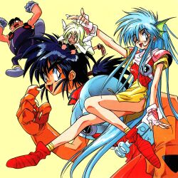 Rule 34 | 1990s (style), 2boys, 2girls, absurdly long hair, armor, black hair, blue eyes, blue hair, breastplate, claws, fang, feathered wings, fingerless gloves, flower, gloves, green hair, ko seiki beast sanjuushi, light blue hair, long hair, looking at viewer, mei mer, miniskirt, multiple boys, multiple girls, non-web source, one eye closed, open mouth, orange gloves, pink gloves, ponytail, red flower, retro artstyle, simple background, skirt, thick eyebrows, very long hair, wan derbard, white wings, wings, yellow background, yellow skirt