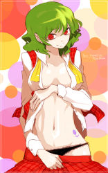 Rule 34 | 1girl, breasts, breasts apart, clothes pull, female focus, green hair, highres, kazami yuuka, large breasts, open clothes, open shirt, oso (toolate), panties, plaid, plaid skirt, plaid vest, red eyes, shirt, skirt, skirt pull, skirt set, smile, solo, tattoo, touhou, underwear, vest