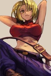 Rule 34 | 1girl, ankle boots, armpits, bare shoulders, belt, blonde hair, blue mary, boots, breasts, bright pupils, brown eyes, brown footwear, crop top, fatal fury, grey background, hungry clicker, large breasts, looking at viewer, midriff, navel, pants, parted lips, purple pants, red shirt, shirt, short hair, simple background, snk, solo, the king of fighters