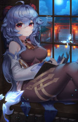 absurdres ahoge bare_shoulders bell black_gloves black_legwear blue_hair blush book breasts bug butterfly curled_horns daeno detached_sleeves full_moon ganyu_(genshin_impact) genshin_impact gloves gold_trim highres holding holding_book horns indoors insect jewelry long_hair looking_at_viewer medium_breasts moon neck_bell red_eyes sidelocks sitting smile solo thighlet white_sleeves