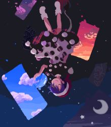 Rule 34 | 1girl, ;), black dress, blue eyes, blue hair, closed mouth, commentary, crescent moon, doremy sweet, dream soul, dress, eyebrows hidden by hair, full body, hat, holding, kanno fumiroku, looking at object, moon, multicolored clothes, multicolored dress, nightcap, one eye closed, pom pom (clothes), red hat, short hair, smile, socks, solo, star (sky), star (symbol), tail, tapir tail, touhou, upside-down, white dress, white socks