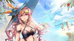 Rule 34 | 1girl, arknights, bare shoulders, beach, black choker, black one-piece swimsuit, blue eyes, blush, breasts, building, casual one-piece swimsuit, center opening, choker, cleavage, collarbone, criss-cross halter, day, u-official (arknights), halterneck, hat, highres, jueduihuoli, large breasts, looking at viewer, multicolored eyes, navel, one-piece swimsuit, open mouth, outdoors, recording, red eyes, sky, solo focus, sun hat, swimsuit, upper body, water, white headwear