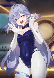 Rule 34 | 1girl, absurdres, alternate costume, aqua eyes, blue bow, blue bowtie, bow, bowtie, breasts, cleavage, commentary, covered navel, cowboy shot, detached collar, elbow gloves, facial mark, gloves, grey hair, hands up, highres, honkai: star rail, honkai (series), indoors, leotard, long hair, medium breasts, pantyhose, pomerui, revision, robin (honkai: star rail), solo, standing, strapless, strapless leotard, thigh strap, thighs, very long hair, white gloves, white pantyhose