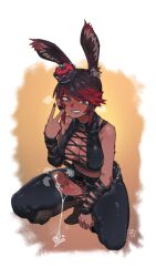 Rule 34 | 1futa, absurdres, animal ears, bare shoulders, belt, black hair, black pants, blue eyes, blush, boots, breasts, choker, cleavage, commission, crown, cum, cum string, cumdrip, dark-skinned female, dark skin, difman, erection, final fantasy, final fantasy xiv, full body, futanari, gradient hair, grin, hand up, heavy breathing, highres, large breasts, large penis, leather, looking at viewer, medium breasts, multicolored hair, original, pants, penis, penis out, purple eyes, rabbit ears, rabbit girl, red hair, short hair, signature, sitting, sleeveless, smile, solo, squatting, swept bangs, testicles, thighhighs, two-tone hair, uncensored, v, warrior of light (ff14)