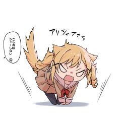 Rule 34 | 1girl, angry, animal ears, bang dream!, black pantyhose, blonde hair, bow, bowtie, brown dress, chibi, commentary request, dress, fang, fox ears, fox girl, fox tail, full body, hair ornament, hanasakigawa school uniform, highres, ichigaya arisa, kemonomimi mode, long hair, long sleeves, open mouth, pantyhose, pleated dress, red bow, red bowtie, sailor collar, sailor dress, school uniform, sidelocks, simple background, skin fang, solo, sou (kanade 3344), speech bubble, tail, translation request, twintails, white background, white sailor collar, x hair ornament