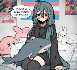 Rule 34 | 1girl, absurdly long hair, ahoge, bed, black nails, blue eyes, blue hair, blush, clenched hand, dialogue box, english text, flag, glasses, hair ornament, hatsune miku, highres, hood, hoodie, ikea shark, japanese text, kirby (series), long hair, lucky star, mahou shoujo madoka magica, nintendo, pillow, poster (object), seiza, sitting, snale, solo, stuffed animal, stuffed shark, stuffed toy, thighhighs, thighs, transgender flag, triangle mouth, very long hair, vocaloid, wall