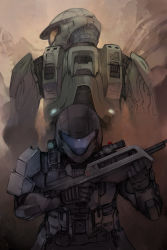 Rule 34 | 2boys, armor, back-to-back, bad id, bad pixiv id, battle rifle, bullpup, gun, halo (game), halo (series), helmet, highres, kashiwamochi yomogi, male focus, master chief, multiple boys, odst, power armor, power suit, rifle, the rookie, weapon