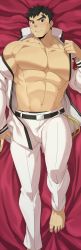 Rule 34 | 1boy, abs, absurdres, bad id, bad pixiv id, bara, barefoot, bed sheet, belt, black hair, blush, collarbone, dakimakura (medium), highres, looking at viewer, lying, male focus, military, military uniform, muscular, navel, off shoulder, on back, parted lips, pectorals, re:ar, ryanpei, short hair, solo, sweat, thick eyebrows, toes, tonogawachi tatsuomi, uniform