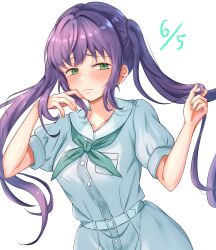 Rule 34 | 1girl, absurdres, aqua neckerchief, breast pocket, breasts, closed mouth, collarbone, commentary request, dated, dress, frown, green eyes, hands up, hasu no sora school uniform, highres, holding, holding own hair, ixianim, link! like! love live!, lone nape hair, long hair, looking at viewer, love live!, medium breasts, neckerchief, official alternate hairstyle, otomune kozue, pleated dress, pocket, purple hair, sailor collar, sailor dress, school uniform, sidelocks, simple background, solo, summer uniform, twintails, upper body, virtual youtuber, white background, white dress, white sailor collar