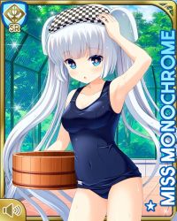 Rule 34 | 1girl, barefoot, blue eyes, blue one-piece swimsuit, blunt bangs, card, character name, checker pattern, competition swimsuit, day, girlfriend (kari), miss monochrome, miss monochrome (character), official art, one-piece swimsuit, open mouth, outdoors, pool, poolside, qp:flapper, school uniform, solo, swimsuit, tagme, twintails, white hair