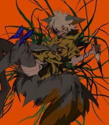 Rule 34 | 1boy, blood, bruise, bug, butterfly, colored sclera, furry, furry male, grass, grey fur, grey tail, hand on own chest, highres, holding, holding knife, hood, hoodie, injury, insect, kamikiririp, knife, orange background, original, red eyes, yellow hoodie, yellow sclera