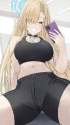 Rule 34 | 1girl, asuna (blue archive), bare shoulders, black choker, black shorts, blonde hair, blue archive, blue eyes, breasts, cellphone, choker, cleavage, commentary request, crop top, grin, hand up, highres, holding, holding phone, indoors, large breasts, long hair, looking at viewer, midriff, nail polish, navel, phone, ref (pmxt4483), shorts, sitting, smartphone, smile, solo, sports bra, stomach, thighs, very long hair