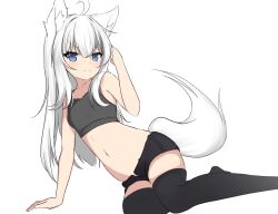 Rule 34 | &gt;:), 1girl, animal ear fluff, animal ears, arm support, arm up, bare arms, bare shoulders, black shorts, black thighhighs, blue eyes, breasts, closed mouth, collarbone, commentary request, fox ears, fox girl, fox tail, grey hair, hair between eyes, highres, kuronagi (mitora uwu), looking at viewer, navel, no shoes, original, shorts, simple background, sitting, small breasts, smile, solo, tail, thighhighs, v-shaped eyebrows, white background, yokozuwari