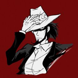 Rule 34 | 1boy, beard, closed mouth, collared shirt, cropped torso, facial hair, fan li, fedora, fingernails, greyscale with colored background, hand hair, hat, hat over one eye, highres, jacket, jigen daisuke, long sleeves, looking at viewer, lupin iii, male focus, red background, shirt, short hair, solo