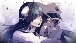 Rule 34 | 1boy, 1girl, antenna hair, bambietta basterbine, black hair, bleach, bleach: sennen kessen-hen, blue eyes, close-up, commentary, drooling, eyes visible through hair, floating hair, giselle gewelle, grey background, hair between eyes, hat, highres, hug, hug from behind, long hair, looking afar, military hat, mini hat, mouth drool, open mouth, simple background, smile, sumire 1046, teeth, trap, upper teeth only, white eyes, white headwear, zombie