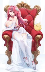 Rule 34 | 1girl, absurdres, aqua nails, arm under breasts, armchair, azur lane, bare shoulders, breasts, bremerton (azur lane), bremerton (joyride of love) (azur lane), bridal veil, bride, chair, chinese commentary, choker, cleavage, collarbone, commentary, commentary request, detached sleeves, dress, english commentary, fingernails, flower, grey footwear, hair between eyes, hair flower, hair intakes, hair ornament, hand on own arm, high heels, highres, huge breasts, jewelry, kafeifeifeifeifeifei jiemo jun, knees, long hair, looking at viewer, manjuu (azur lane), mixed-language commentary, multicolored hair, nail polish, on chair, open mouth, pink hair, red eyes, red ribbon, ribbon, ring, sitting, smile, solo, sparkle, strapless, strapless dress, streaked hair, striped ribbon, teeth, thighhighs, thighs, two-tone hair, upper teeth only, veil, wedding dress, wedding ring, white choker, white dress, white flower, white sleeves, white thighhighs, white veil