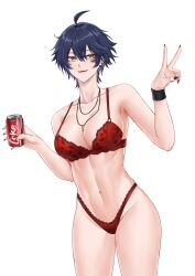Rule 34 | 1girl, absurdres, ahoge, black nails, blue hair, bra, breasts, can, character request, coca-cola, collarbone, copyright request, deroo, earrings, eyeliner, fangs, highres, holding, holding can, jewelry, lace, lace-trimmed bra, lace-trimmed panties, lace trim, large breasts, light smile, navel, necklace, open mouth, original, panties, red bra, red eyeliner, red panties, short hair, simple background, smile, solo, underwear, v, white background, yellow eyes