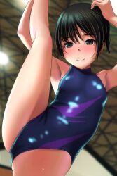 Rule 34 | 1girl, absurdres, armpits, bare shoulders, black hair, blue leotard, blurry, blurry background, breasts, brown eyes, cameltoe, closed mouth, commentary, cowboy shot, crotch, depth of field, gym, gymnastics, hair between eyes, hair strand, heattech leotard, highleg, highleg leotard, highres, indoors, leg lift, leg up, leotard, looking at viewer, matsunaga kouyou, original, ponytail, short hair, sleeveless, sleeveless turtleneck, small breasts, smile, solo, split, standing, standing on one leg, standing split, turtleneck