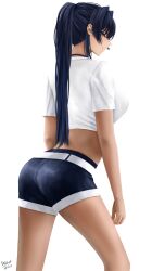 Rule 34 | 1girl, absurdres, alternate costume, blue eyes, blue hair, blue shorts, breasts, commentary, crop top, dated, english commentary, hair intakes, highres, hololive, hololive english, large breasts, long hair, looking at viewer, ouro kronii, ponytail, profile, shirt, short sleeves, shorts, sidelocks, signature, simple background, smile, solo, standing, steb, virtual youtuber, white background, white shirt