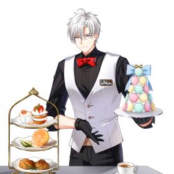 Rule 34 | 1boy, alternate hair color, badge, belt, black gloves, black pants, black shirt, blue bow, blue eyes, bow, bowtie, bright pupils, cake, chulsoo kim (closers), closers, collared shirt, cowboy shot, croissant, cup, food, fruit, gloves, highres, holding, holding plate, lime (fruit), lime slice, looking at viewer, macaron, male focus, official art, orange (fruit), orange slice, pants, parted bangs, plate, red bow, red bowtie, saucer, shirt, short hair, sleeves past elbows, smile, solo, striped, striped bow, table, tea, teacup, tiered tray, tomato, tomato slice, traditional bowtie, vest, waistcoat, waiter, white background, white belt, white hair, white pupils, white vest