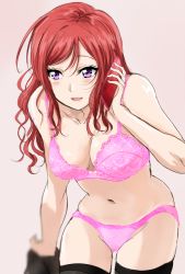 Rule 34 | 1girl, :d, aged up, blush, bra, leaning forward, long hair, love live!, love live! school idol project, navel, nishikino maki, open mouth, panties, phone, pink bra, pink panties, purple eyes, shogo (4274732), smile, solo, talking on phone, thighhighs, thighs, underwear, undressing, wide hips