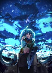 Rule 34 | 1girl, absurdres, ahoge, aqua hair, aqua necktie, black footwear, black skirt, blouse, boots, closed eyes, cloud, cloudy sky, commentary request, crying, detached sleeves, hatsune miku, highres, hugging own legs, korean text, long hair, long sleeves, mo:oku, necktie, night, night sky, pleated skirt, shirt, skirt, sky, sleeveless, sleeveless shirt, solo, speaker, star (sky), starry sky, thigh boots, thighhighs, twintails, very long hair, vocaloid, wing collar