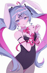 Rule 34 | 1girl, ahoge, animal ears, bare shoulders, black leotard, blue eyes, blue hair, blush, breasts, card, clenched hands, colored inner hair, commentary, cowboy shot, cuffs, detached collar, fake animal ears, hair ornament, handcuff dangle, handcuffs, hands up, hatsune miku, headband, highres, leotard, looking at viewer, multicolored hair, necktie, own hands together, pink nails, pink necktie, pink pupils, playboy bunny, playing card, rabbit ears, rabbit hole (vocaloid), rarachan sr, short necktie, simple background, small breasts, solo, teardrop facial mark, tongue, tongue out, twintails, vocaloid, white background, white headband, x hair ornament
