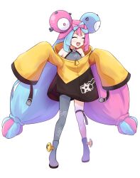 Rule 34 | 1girl, :d, ^ ^, bare shoulders, blue hair, blush, boots, breasts, closed eyes, creatures (company), full body, game freak, goom (goomyparty), grey footwear, grey pantyhose, grey shirt, highres, iono (pokemon), jacket, long hair, long sleeves, multicolored hair, nintendo, open mouth, pantyhose, pink hair, pokemon, pokemon sv, sharp teeth, shirt, simple background, single leg pantyhose, sleeveless, sleeveless shirt, sleeves past fingers, sleeves past wrists, small breasts, smile, solo, standing, teeth, two-tone hair, very long hair, white background, yellow jacket