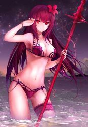Rule 34 | 1girl, bad id, bad pixiv id, bikini, breasts, cleavage, fate/grand order, fate (series), gae bolg (fate), garter straps, highres, large breasts, long hair, nail polish, navel, partially submerged, purple hair, red eyes, scathach (fate), scathach (fate/grand order), scathach (swimsuit assassin) (fate), soaking feet, solo, standing, star (symbol), swimsuit, sword, thigh strap, underboob, wading, water, weapon, yuririensu