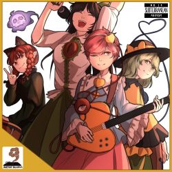 Rule 34 | 4girls, ;), ^ ^, animal ears, blouse, blue shirt, border, bow, braid, brown hair, buttons, cat ears, closed mouth, collared shirt, commentary, cover, cowboy shot, drum, electric guitar, english text, extra ears, eyeball, closed eyes, fake cover, green hair, green skirt, guitar, hands up, hat, hat bow, heart, heart of string, holding, holding microphone, instrument, kaenbyou rin, komeiji koishi, komeiji satori, light smile, long hair, long sleeves, looking at viewer, medium hair, mefomefo, microphone, multiple girls, music, no wings, one eye closed, open mouth, phonograph, pink hair, pink skirt, red hair, reiuji utsuho, ribbon-trimmed collar, ribbon trim, shirt, short hair, short sleeves, singing, skirt, skull, smile, spirit, standing, subterranean animism, third eye, touhou, twin braids, v, white background, white shirt, wide sleeves, yellow shirt, yellow border, yellow bow