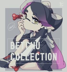 Rule 34 | + +, 1girl, black footwear, black hair, black jacket, black shorts, brown eyes, callie (splatoon), character name, closed mouth, commentary, dolphin shorts, earclip, earrings, english text, food, food on head, gradient hair, grey background, head rest, holding, holding weapon, hood, hood down, hoodie, inkling, jacket, jewelry, knee up, logo, long hair, long sleeves, looking at viewer, mokokoiro, mole, mole under eye, multicolored hair, nintendo, object on head, purple hair, shoes, short shorts, shorts, sitting, sneakers, solo, splatoon (series), splatoon 2, splattershot pro (splatoon), sushi, swept bangs, tentacle hair, very long hair, weapon