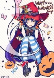 Rule 34 | 10s, 1girl, 2014, :d, adjusting clothes, adjusting headwear, bad id, blue hair, bow, bowtie, candy, cape, fingerless gloves, food, full body, ghost, gloves, hair between eyes, halloween, happy halloween, hat, hat bow, heart, jack-o&#039;-lantern, kamekoya sato, looking at viewer, love live!, love live! school idol festival, love live! school idol project, open mouth, pumpkin, shorts, smile, smiley face, solo, sonoda umi, star (symbol), striped background, striped clothes, striped gloves, striped thighhighs, sweets, thighhighs, twitter username, witch hat, yellow eyes