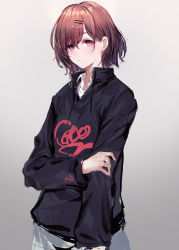 Rule 34 | 1girl, absurdres, black sweater, brown hair, closed mouth, collar, gradient background, grey background, hair ornament, hairclip, highres, higuchi madoka, holding, holding own arm, idolmaster, idolmaster shiny colors, irikawa, long sleeves, looking at viewer, mole, mole under eye, purple eyes, shirt, short hair, simple background, solo, standing, sweater, white shirt