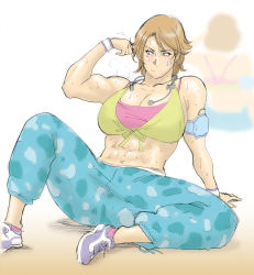 Rule 34 | abs, absurdres, bikini, bikini top only, blush, brown hair, flexing, headphones, heavy breathing, highres, muscular, nappii (nappy happy), original, pants, reflection, shoes, short hair, sideways glance, simple background, sitting, sneakers, sports bra, sweat, sweatpants, swimsuit, white background, wristband, zhang yan-hua