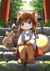 Rule 34 | 1girl, absurdres, animal, animal ear fluff, animal ears, animal nose, blue eyes, blush, body fur, brown hair, closed mouth, day, fang, fewer digits, fox, fox ears, fox girl, fox tail, furry, furry female, grass, hands on own knees, highres, japanese clothes, looking at viewer, miko, multicolored fur, original, red skirt, shrine, sitting, skirt, smile, solo, squirrel, stairs, tail, tareme, thematy, torii, tree