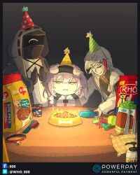 Rule 34 | &gt;:(, 1boy, 1girl, 1other, ambiguous gender, animal ears, arknights, bell, birthday, birthday party, black coat, bowl, braid, candle, cat ears, cat girl, clapping, closed eyes, closed mouth, coat, collar, doctor (arknights), elysium (arknights), feather hair, floppy ears, frown, goldenglow (arknights), hairband, hat, highres, hood, hood up, hooded coat, jacket, neck bell, party hat, pet bowl, pet food, pink coat, pink jacket, scottish fold, short hair, single braid, sitting, v-shaped eyebrows, white coat, white hair, who 808
