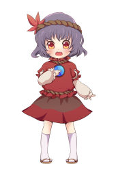 Rule 34 | 1girl, blush, child, full body, hand on own chest, highres, kneehighs, looking at viewer, open mouth, purple hair, red eyes, sandals, short hair, simple background, sleeves past wrists, socks, solo, tatuhiro, touhou, white background, white socks, yasaka kanako, aged down
