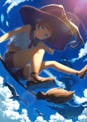 Rule 34 | 1girl, bare arms, bare legs, bare shoulders, bird, blue eyes, blue sky, broom, broom riding, brown hair, cloud, day, floating rock, gradient background, hat, highres, kikugetsu, lens flare, looking at viewer, original, school uniform, serafuku, shirt, shorts, sidesaddle, sky, sleeveless, sleeveless shirt, solo, tower, witch, witch hat