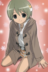 Rule 34 | 00s, 1girl, aged up, belt, belt buckle, blue eyes, boots, buckle, cat hair ornament, clothes lift, coat, dejiko, di gi charat, dress shirt, flat chest, from above, grey hair, hair between eyes, hair ornament, haruyama kazunori, jewelry, kneeling, light smile, looking at viewer, miniskirt, necklace, open clothes, open coat, outline, overcoat, panties, pantyshot, parted bangs, pendant, plaid, plaid skirt, red background, seiza, shirt, short hair, sitting, skirt, skirt lift, smile, snow, snowflakes, solo, underwear, upskirt, white panties, winter garden