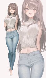Rule 34 | 1girl, bare arms, bare shoulders, blue pants, breasts, brown hair, crop top, denim, full body, fymrie, hand on own chest, hand up, highres, large breasts, long hair, looking at viewer, midriff, navel, open mouth, original, pants, red eyes, ribbed shirt, shirt, shoes, simple background, sleeveless, sleeveless shirt, sleeveless turtleneck, smile, solo, stomach, turtleneck, white background, white shirt, zoom layer