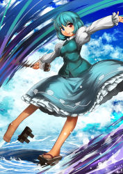 Rule 34 | 1girl, :p, barefoot, blue sky, cloud, day, geta, heterochromia, juliet sleeves, long sleeves, looking at viewer, outstretched arms, puffy sleeves, shirt, shoes, single shoe, skirt, sky, smile, solo, tatara kogasa, tongue, tongue out, touhou, umigarasu (kitsune1963), vest