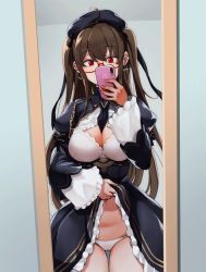 Rule 34 | 1girl, ahoge, anchor earrings, azur lane, bad id, bad pixiv id, beret, between breasts, black bow, black ribbon, blouse, blue hat, blue necktie, bow, bow bra, bra, breasts, brown hair, cameltoe, cellphone, character name, cleavage, clothes lift, clothes writing, collared shirt, commentary request, cowboy shot, dress, dress lift, earrings, frilled shirt, frilled sleeves, frills, geso smith, glasses, hair between eyes, hair bow, hair ribbon, hat, high collar, jewelry, juliet sleeves, large breasts, lifted by self, london (azur lane), london (retrofit) (azur lane), long hair, long sleeves, looking at phone, mirror, necktie, necktie between breasts, open clothes, open shirt, panties, phone, puffy sleeves, red-framed eyewear, red eyes, retrofit (azur lane), ribbon, selfie, semi-rimless eyewear, shirt, sidelocks, skirt, skirt lift, smartphone, solo, standing, thigh gap, two side up, underwear, very long hair, white bra, white panties, wide sleeves