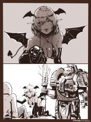Rule 34 | 1boy, 1girl, 1other, 2koma, armor, bare shoulders, black gloves, breasts, cleavage, comic, demon girl, demon tail, demon wings, elbow gloves, fallenspherell, full armor, gloves, grey knight, head wings, helmet, highres, holding, holding polearm, holding weapon, kneeling, large breasts, latex, latex gloves, looking at viewer, monochrome, original, outstretched arms, parted bangs, pointy ears, polearm, power armor, scared, shoulder armor, slingshot swimsuit, space marine, standing, sweat, swimsuit, tail, tongue, tongue out, warhammer 40k, weapon, wings